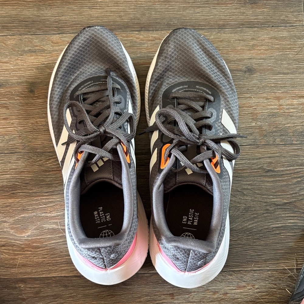Adidas Women's Gray Sneakers with Pink and Orange Accents